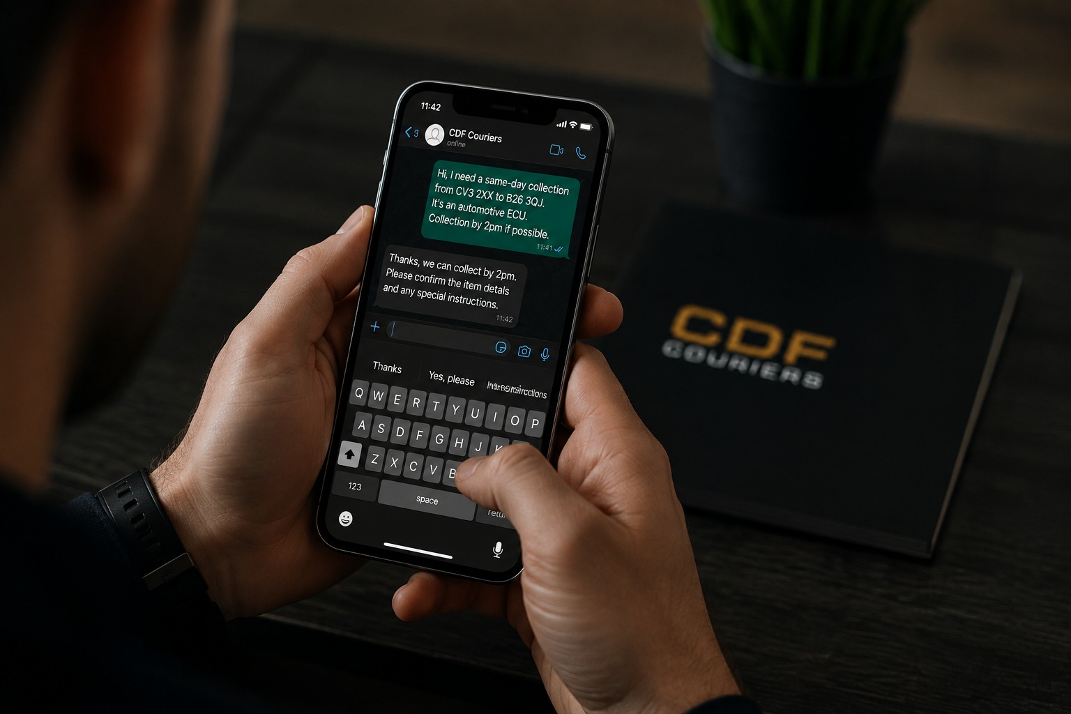 Customer messaging CDF Couriers with an urgent delivery request